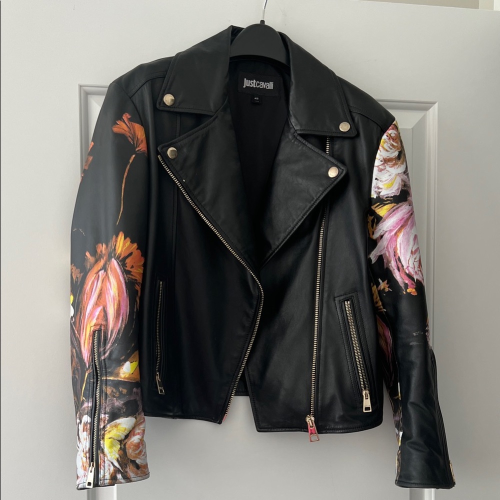 Just Cavalli Black Leather Jacket with Floral Accents